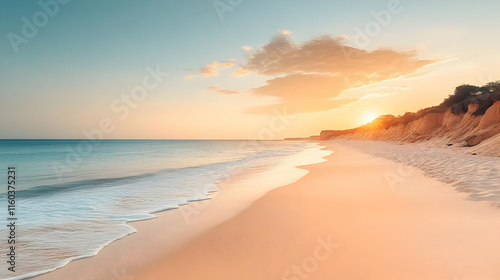 Tranquil sunset illuminates a serene beach with gentle waves caressing the sandy shore peacefully.