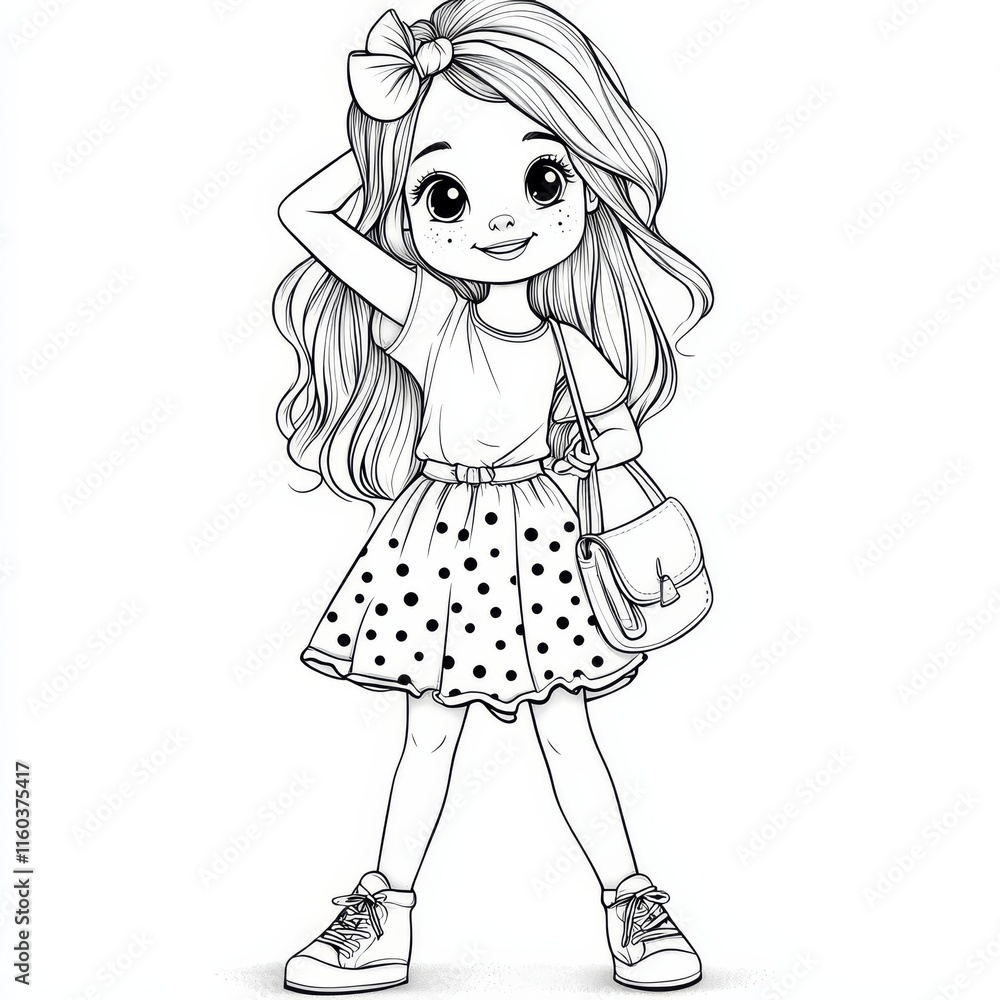 Fototapeta premium Adorable Girl in Polka Dots: A charming illustration of a young girl with long, wavy hair, a polka-dot skirt, and a cute little handbag. Perfect for coloring pages, children's books.