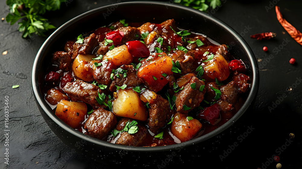 Beef Stew with Potatoes, Peppers, and Herbs Simmers in a Dark Bowl on a Textured Surface. Beef Stew with Potatoes, Peppers, and Herbs Simmers in a Dark Bowl on a Textured Surface.