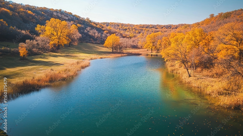 Autumnal lake nestled within a golden forest valley Autumnal lake nestled within a golden forest valley