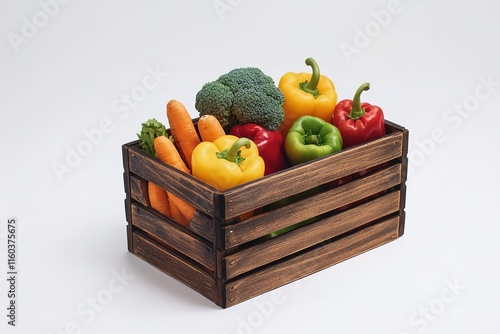 Fresh vegetables arranged in wooden crate showcasing vibrant col photo