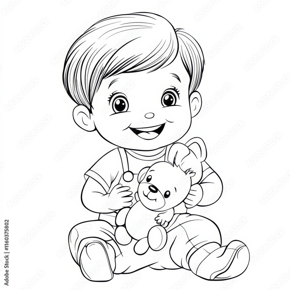 Adorable Toddler with Toy: A cheerful toddler sits contentedly, clutching a beloved stuffed animal. This charming black and white illustration is perfect for coloring books, children's publications. Adorable Toddler with Toy: A cheerful toddler sits contentedly, clutching a beloved stuffed animal. This charming black and white illustration is perfect for coloring books, children's publications.