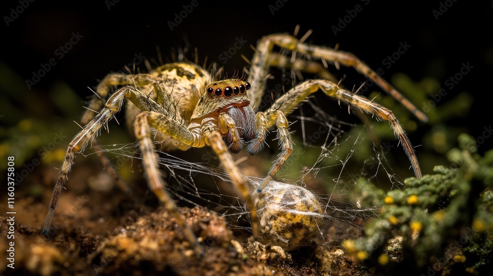 Nocturnal spider in action on a taut web, detecting prey in dramatic low-light and moody shadows Nocturnal spider in action on a taut web, detecting prey in dramatic low-light and moody shadows