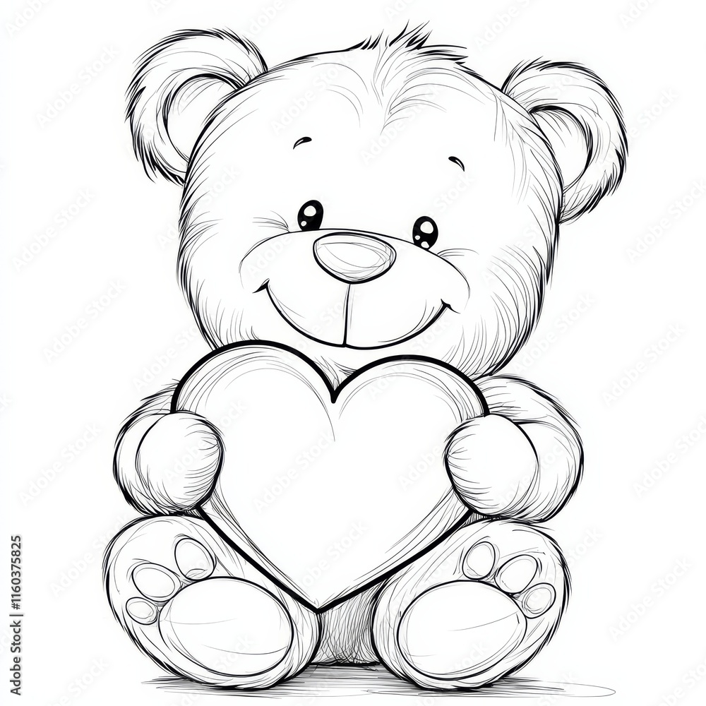 Obraz premium Teddy Bear with Heart: A cute and cuddly teddy bear, drawn in a whimsical cartoon style, holds a large heart in its paws, symbolizing love, care and affection.
