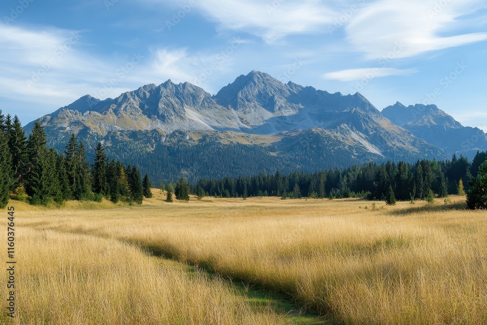Majestic mountain range viewed from a golden meadow. Majestic mountain range viewed from a golden meadow.