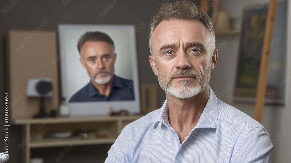 Close-Up Photo: Intensely Focused Man Gazes Thoughtfully in Home Studio. AI Generated Close-Up Photo: Intensely Focused Man Gazes Thoughtfully in Home Studio. AI Generated