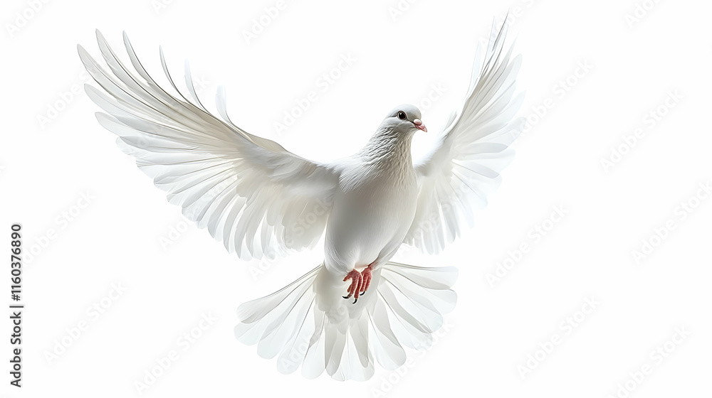 Obraz premium White Dove Soars with Wings Spread Gracefully Against a Pristine White Backdrop