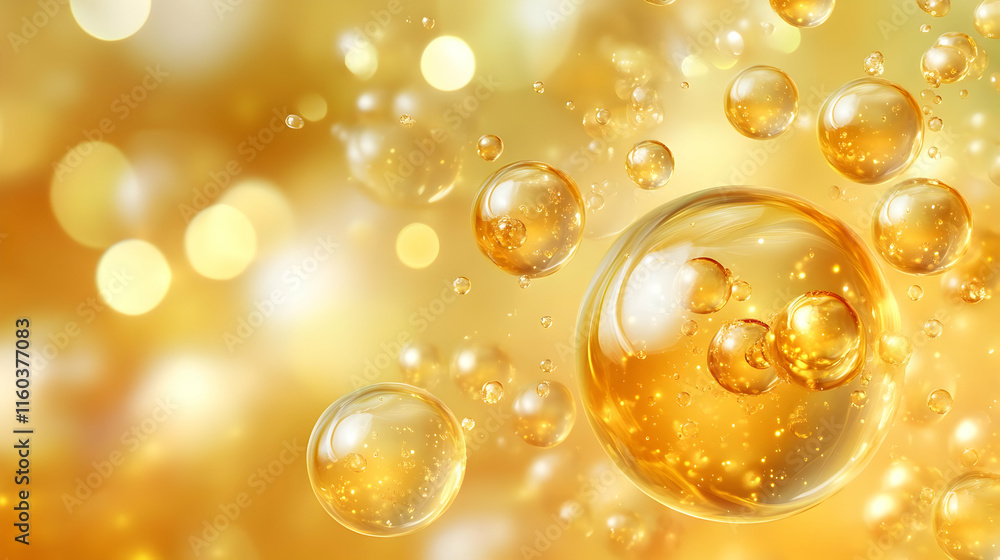 Golden Oil Bubbles Floating on a Golden Bokeh Background with Subtle Light Reflections. Golden Oil Bubbles Floating on a Golden Bokeh Background with Subtle Light Reflections.