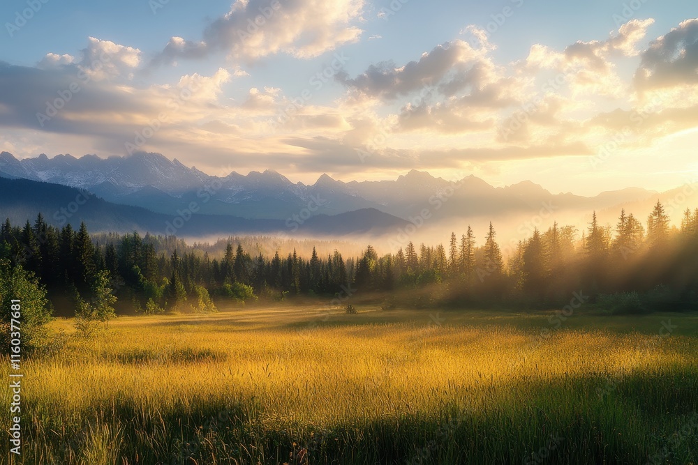 Fototapeta premium Majestic sunrise over misty mountain valley. (2)