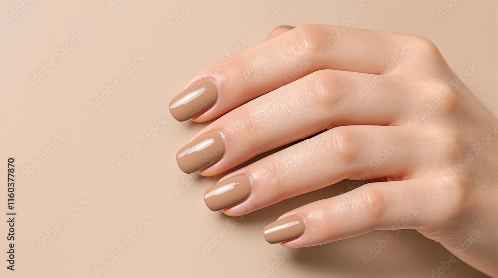 Elegant manicured hand with neutral beige nails on nude background
