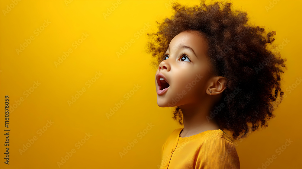 Surprised Young Child Looks Up with Open Mouth on Vibrant Yellow Backdrop Surprised Young Child Looks Up with Open Mouth on Vibrant Yellow Backdrop