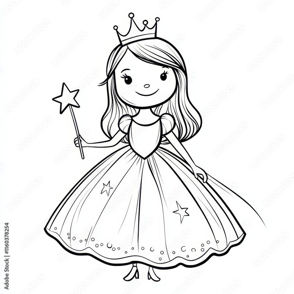 Enchanting Princess: A charming illustration of a princess, crowned and holding a star-topped wand, emanating joy and innocence. Enchanting Princess: A charming illustration of a princess, crowned and holding a star-topped wand, emanating joy and innocence.