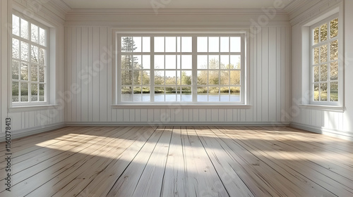 Wallpaper Mural Empty room with large windows overlooking a tranquil lake scene beautifully. Torontodigital.ca