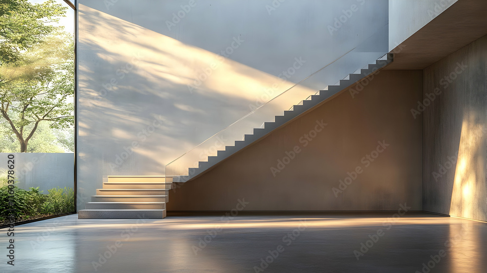 Modern Minimalist Interior with Staircase and Large Window with Natural Light Beautifully Modern Minimalist Interior with Staircase and Large Window with Natural Light Beautifully