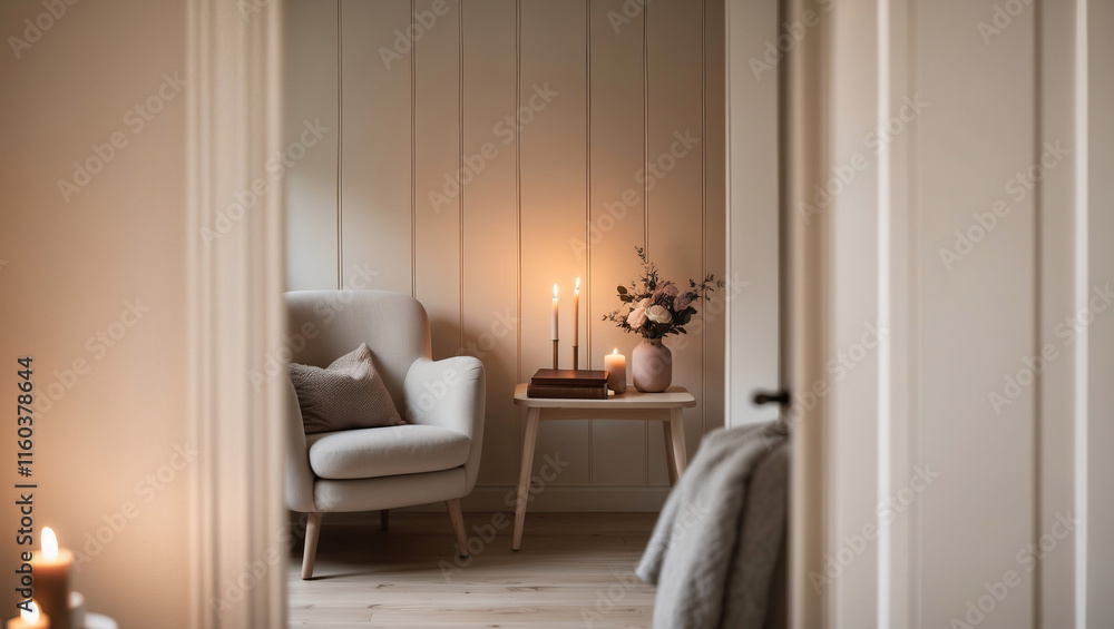 Fototapeta premium Cozy corner in a warm Phoenix apartment with soft lighting and inviting decor during evening hours