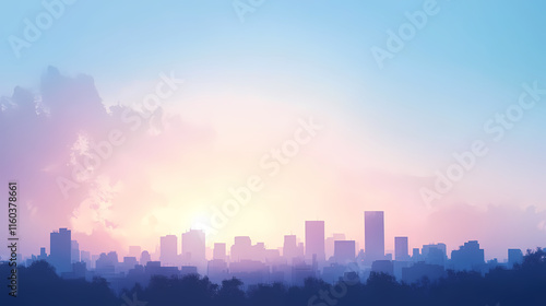 Cityscape Sunrise: Serene cityscape silhouette at sunrise, pastel hues paint the sky, peaceful urban landscape. 