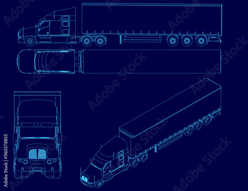 Blue drawing of a truck with a trailer. The truck is shown in three different views, including the front, back, and side. Concept of motion and scale