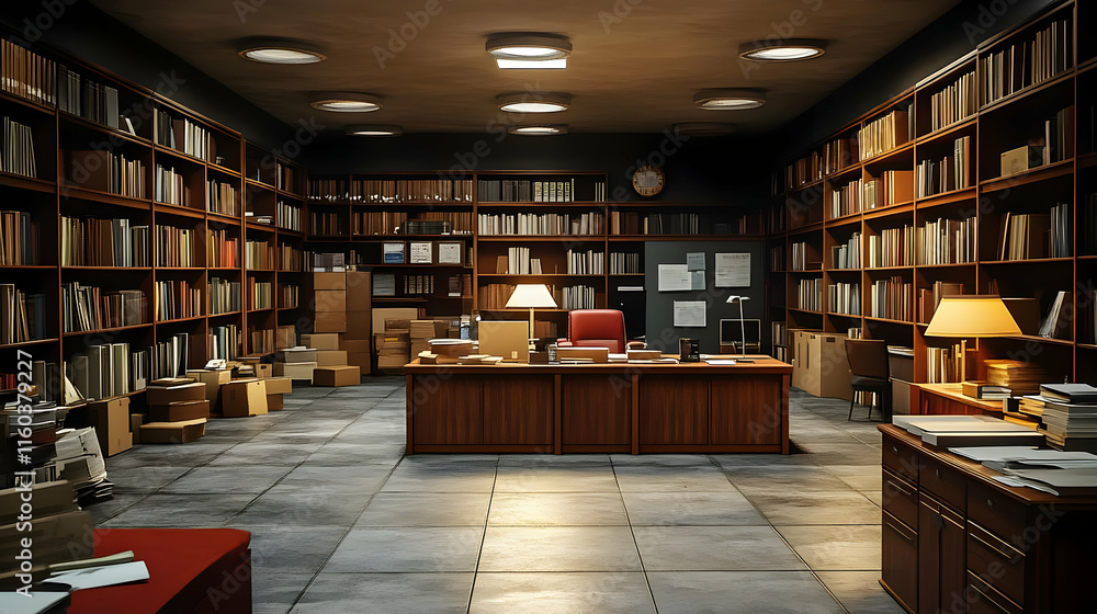 Dimly Lit Library Office with Bookshelves, Desk, Boxes, and Tile Floor Dimly Lit Library Office with Bookshelves, Desk, Boxes, and Tile Floor