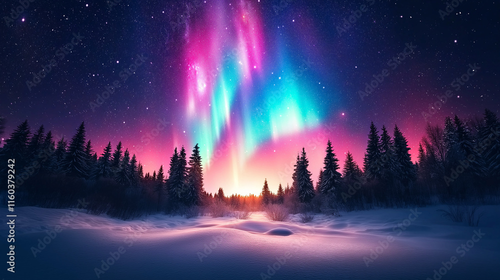 Arctic Aurora: Enchanting winter landscape with vibrant aurora borealis illuminating snowy forest. Magical night sky. Arctic Aurora: Enchanting winter landscape with vibrant aurora borealis illuminating snowy forest. Magical night sky.