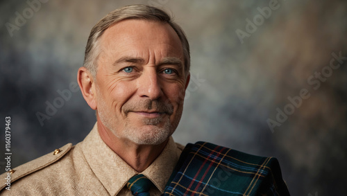 Mature man in traditional attire captured in detailed macro photography in a warm, inviting atmosphere photo