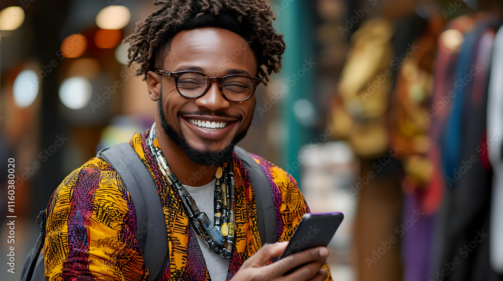 Smiling Man Checks Phone, Wearing Colorful Shirt and Backpack in Blurred Market Background Smiling Man Checks Phone, Wearing Colorful Shirt and Backpack in Blurred Market Background
