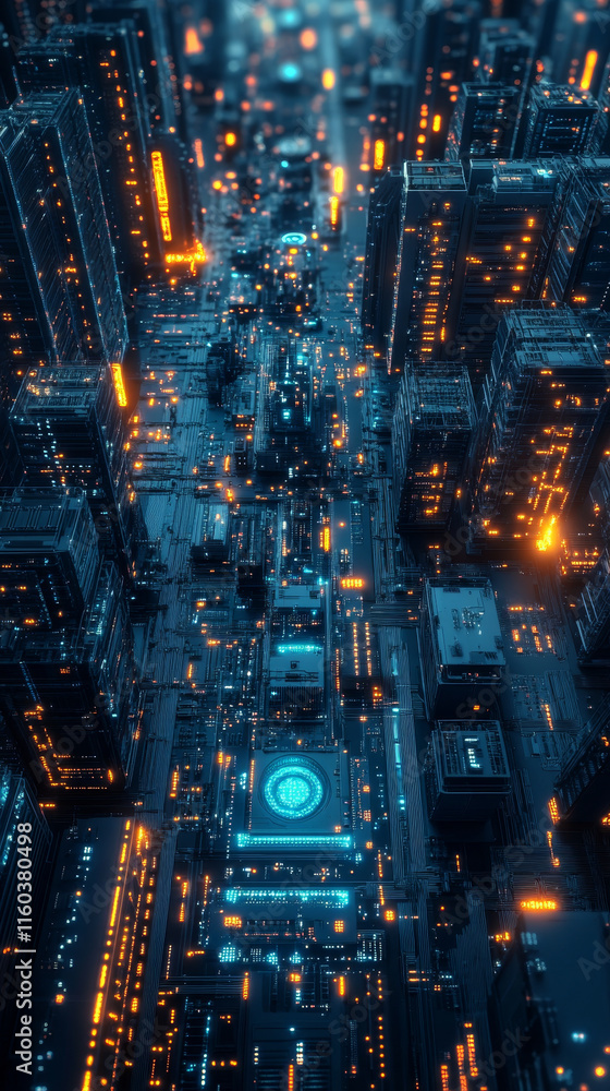Aerial view of futuristic cityscape with glowing blue lights and structures Aerial view of futuristic cityscape with glowing blue lights and structures