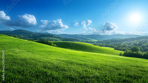 Green grassy hills roll beneath a bright blue sky, dotted with fluffy white clouds and sunshine