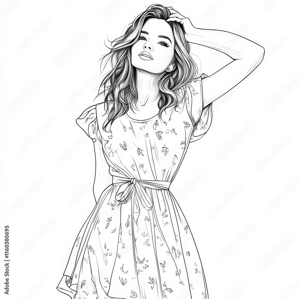 Fashion Sketch: A delicate and stylish hand-drawn illustration of a woman in a floral dress, embodying grace and beauty. Her flowing hair and relaxed pose exude confidence and effortless elegance. Fashion Sketch: A delicate and stylish hand-drawn illustration of a woman in a floral dress, embodying grace and beauty. Her flowing hair and relaxed pose exude confidence and effortless elegance.