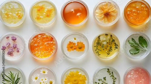 Natural Cosmetic Ingredients Displayed in Petri Dishes Showcasing Herbs and Floral Extracts Neatly on White Background
