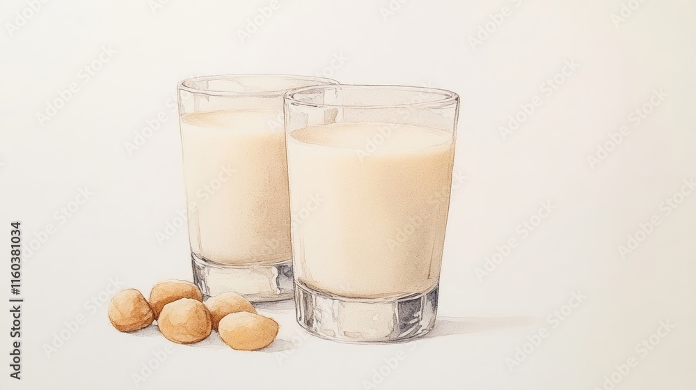 Nut milk in glasses with nuts on a table.