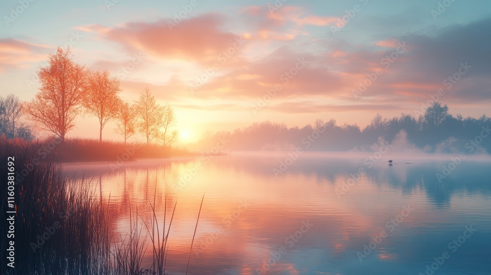Serene sunrise over calm lake with misty trees. Serene sunrise over calm lake with misty trees.