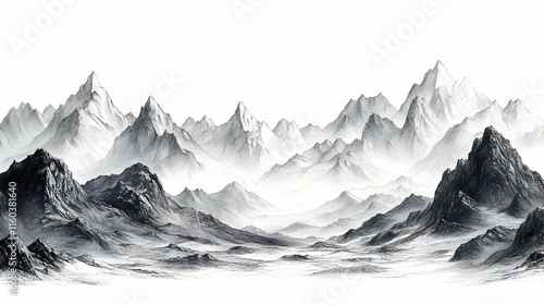 Majestic Mountains Sketch: Peaks Loom Dramatically Over a Misty Valley in Monochrome Grandeur photo