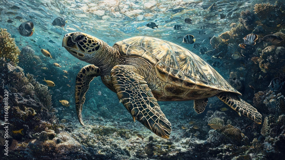 Obraz premium Majestic Sea Turtle Gracefully Swims Through Coral Reef