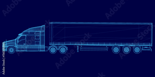 Blue truck with a trailer is shown in a stylized way. The truck is a semi truck and the trailer is a flatbed