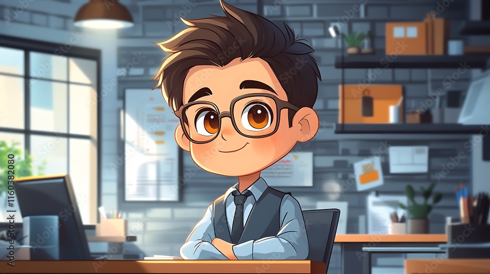 Young Boy in Glasses Smiling in Modern Office Environment Young Boy in Glasses Smiling in Modern Office Environment