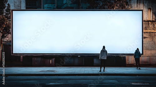 Large Blank Billboard Illuminates the Night with Two Individuals Observing in Wonder and Curiosity