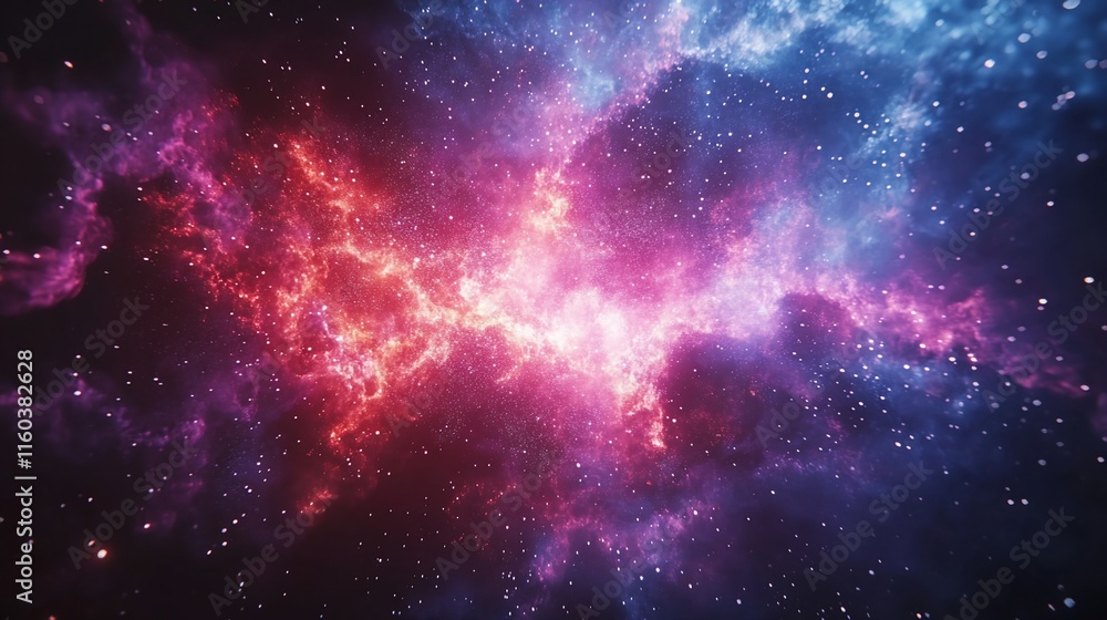 Fototapeta premium Cosmic nebula with red and blue hues, stars, and gas clouds.