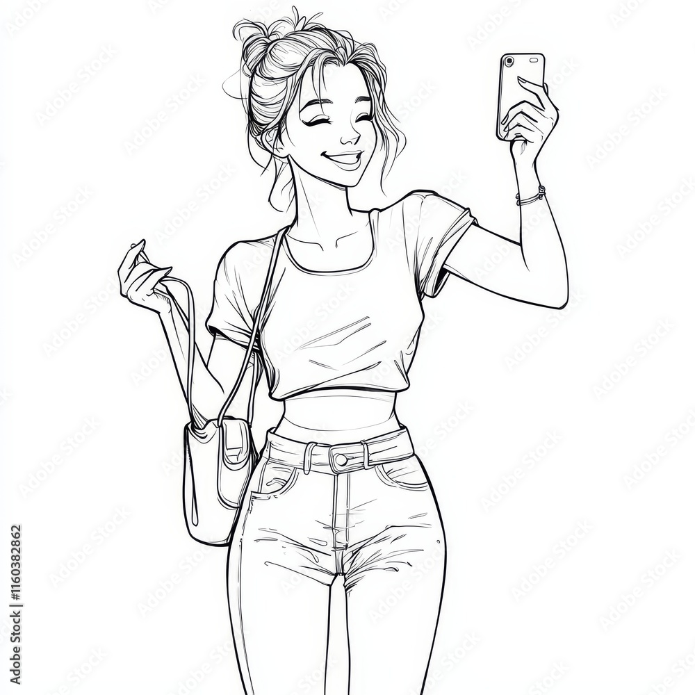 Smiling Selfie Girl: A stylish girl with a joyful expression takes a selfie, showcasing her casual yet trendy outfit. The detailed line art captures a carefree and confident mood. Smiling Selfie Girl: A stylish girl with a joyful expression takes a selfie, showcasing her casual yet trendy outfit. The detailed line art captures a carefree and confident mood.