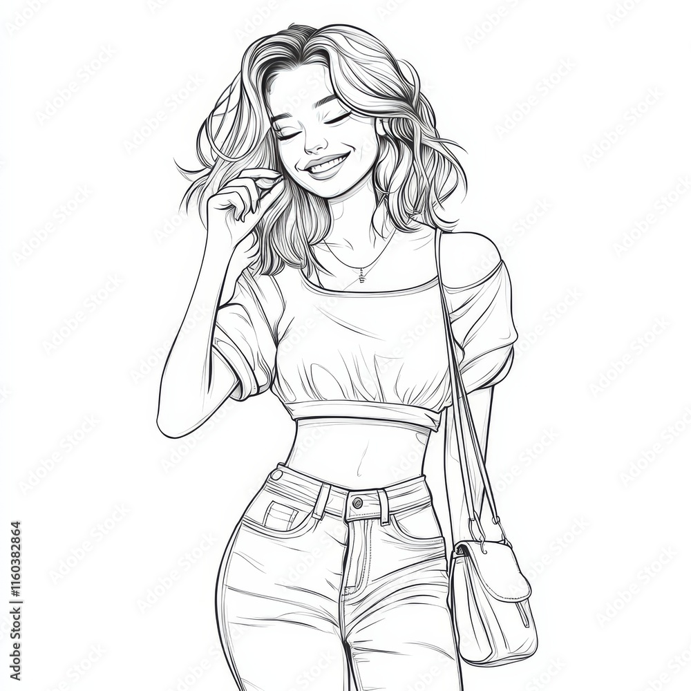 Smiling Fashionista: A fashion illustration of a stylish young woman with flowing hair, a confident smile, and a trendy outfit, exuding a sense of youthful vitality. Smiling Fashionista: A fashion illustration of a stylish young woman with flowing hair, a confident smile, and a trendy outfit, exuding a sense of youthful vitality.