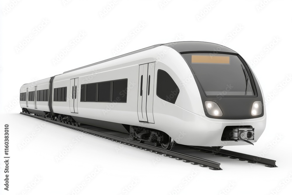 A modern train design on tracks, showcasing sleek lines and a futuristic aesthetic. A modern train design on tracks, showcasing sleek lines and a futuristic aesthetic.