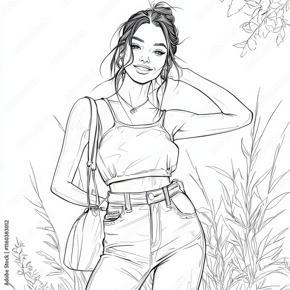 Line Art: Fashion Illustration: This minimalist line art illustration features a woman with a confident and carefree pose. She stands in a casual summer outfit, with a cropped top and jeans. Line Art: Fashion Illustration: This minimalist line art illustration features a woman with a confident and carefree pose. She stands in a casual summer outfit, with a cropped top and jeans.