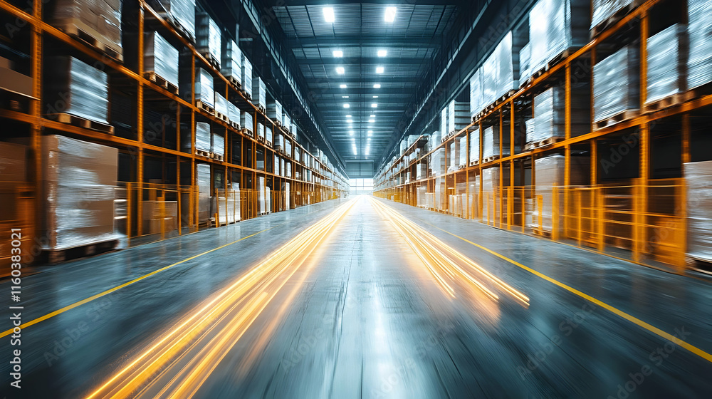 Blurred Motion in Warehouse with Yellow Light Trails and High Storage Racks with Goods Blurred Motion in Warehouse with Yellow Light Trails and High Storage Racks with Goods