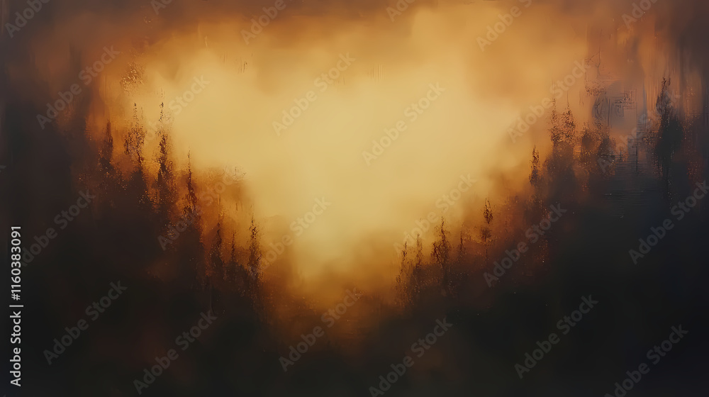 Obraz premium Golden Hour Forest: An atmospheric landscape painting, evocative of a mystical forest bathed in the warm glow of the setting sun. The dark silhouettes of trees create a sense of depth and mystery.