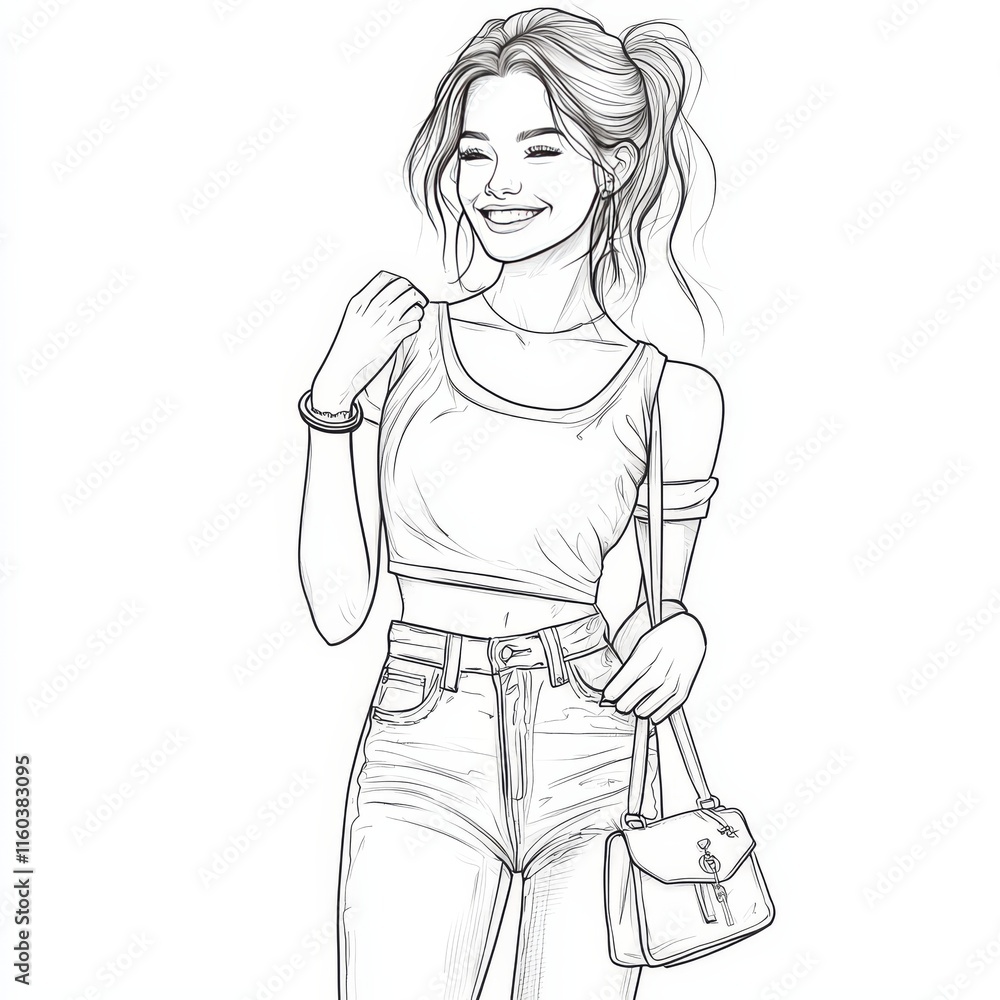 Smiling Girl Fashion Sketch: A stylish girl with a happy expression, wearing a crop top, jeans, and a shoulder bag, captured in a detailed pencil sketch. Smiling Girl Fashion Sketch: A stylish girl with a happy expression, wearing a crop top, jeans, and a shoulder bag, captured in a detailed pencil sketch.
