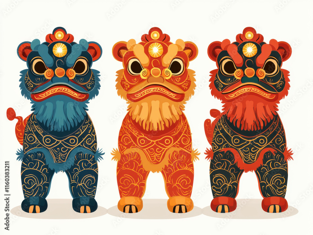 Three colorful lion dance figures with intricate patterns