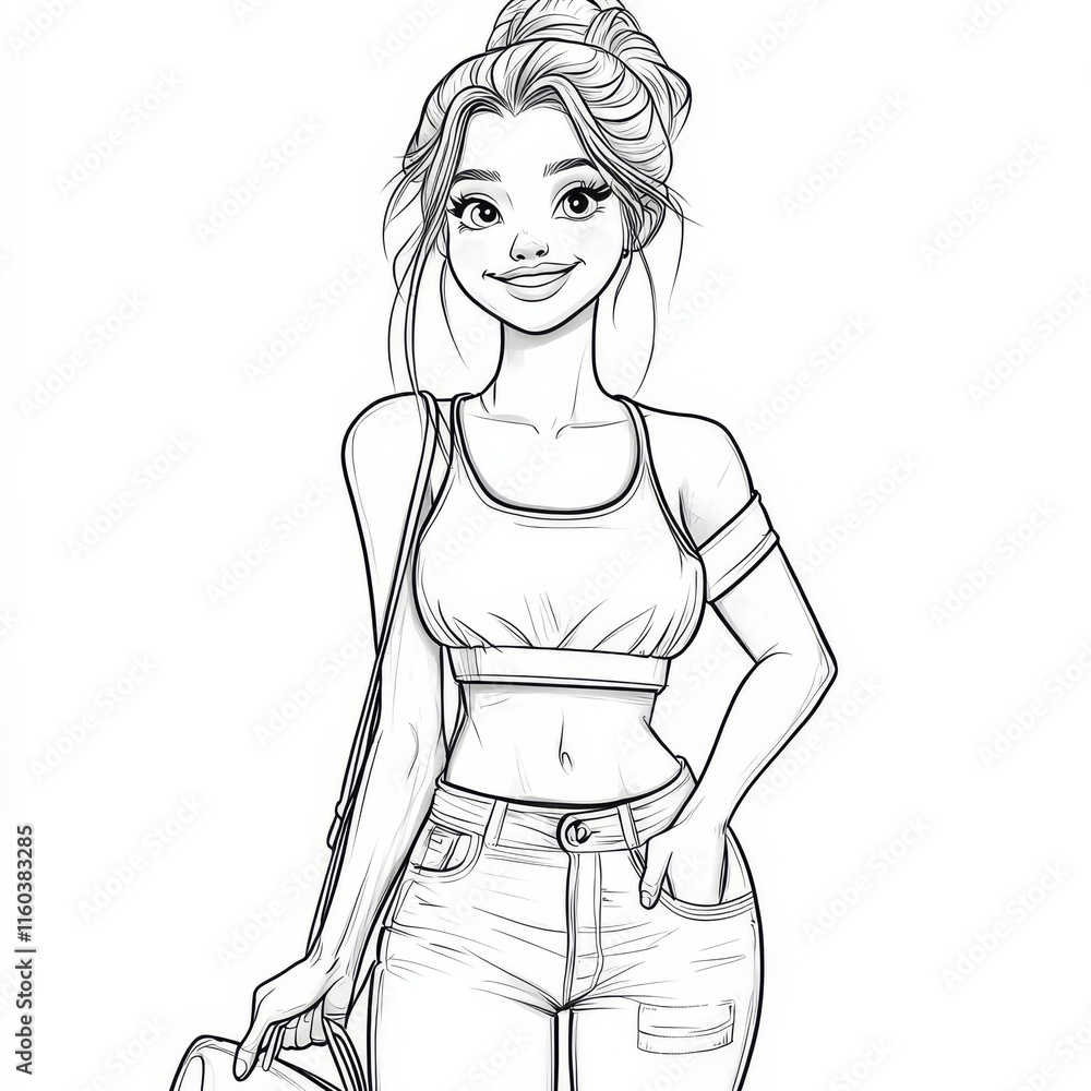 Fashion Illustration of a Young Woman: A stylized black-and-white illustration of a fashionable young woman, radiating confidence and style, complete with a trendy hairstyle, stylish outfit. Fashion Illustration of a Young Woman: A stylized black-and-white illustration of a fashionable young woman, radiating confidence and style, complete with a trendy hairstyle, stylish outfit.