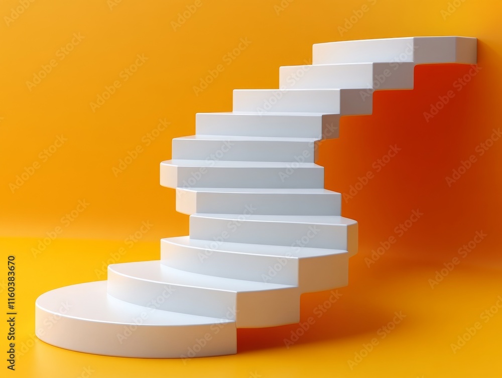 Fototapeta premium A modern, minimalist spiral staircase against a vibrant orange background.