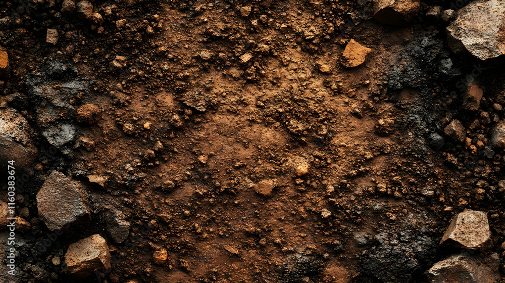 Dark Brown Soil Texture with Rocks and Pebbles Creates a Natural Ground Surface Dark Brown Soil Texture with Rocks and Pebbles Creates a Natural Ground Surface