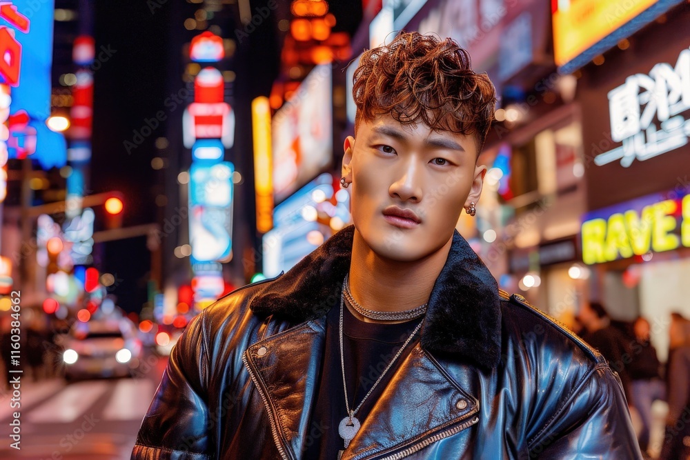 Obraz premium Stylish young man posing in times square new york city portrait photography urban nightlife close-up fashion vibes