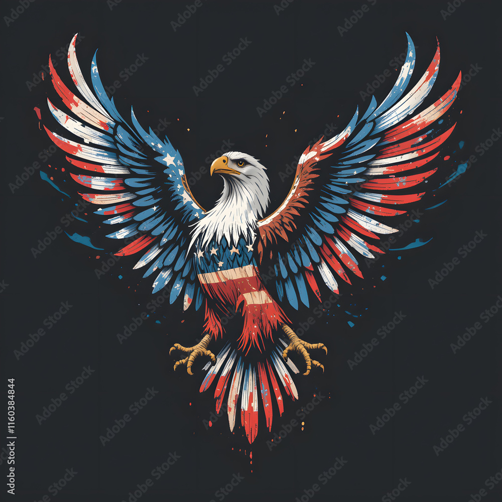 Obraz premium Patriotic Spirit: American Eagle in Stars and Stripes American Flag Bald Eagle Patriotic Red White Blue National Symbol Freedom American Pri